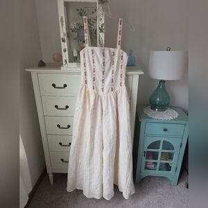 Agua Bendita Cream Dress with Pink Floral Straps